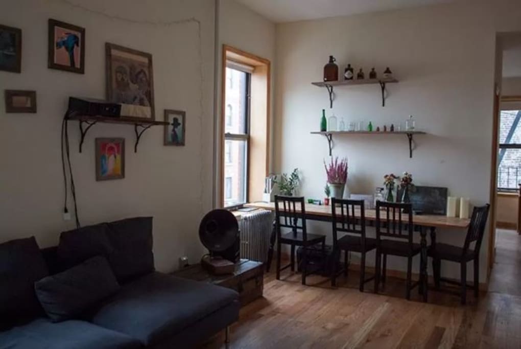 Large living room and dining / work area
