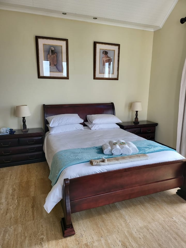 Основна спалня, предлагаща легло Queen XL и баня и самостоятелна баня с вана и голям душ