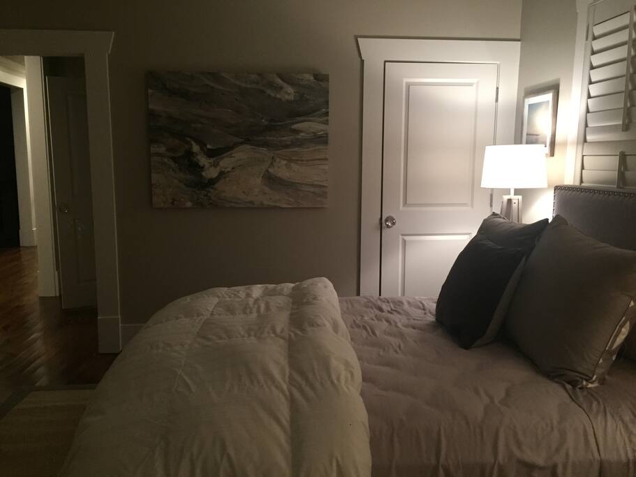Left door is the bedroom door; right door is your closet with shelves, hanging space, extra blankets, iron, ironing board, humidifier, and board games
