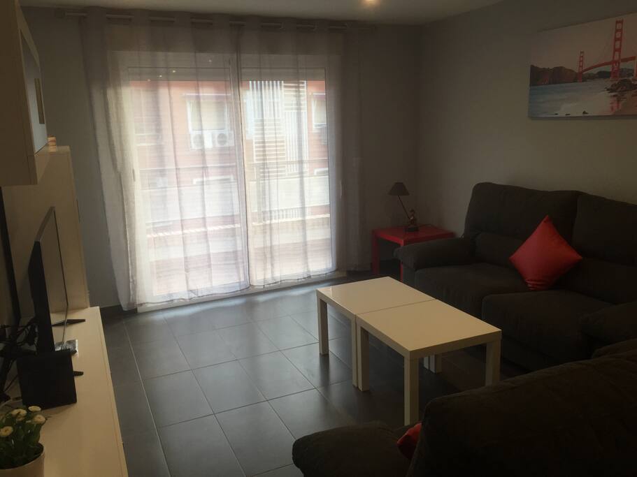 Salón comedor de 19 metros cuadrados con dos sofás, tres mesas de apoyo, una TV de 42", un DVD, una mesa de comedor y seis sillas.
