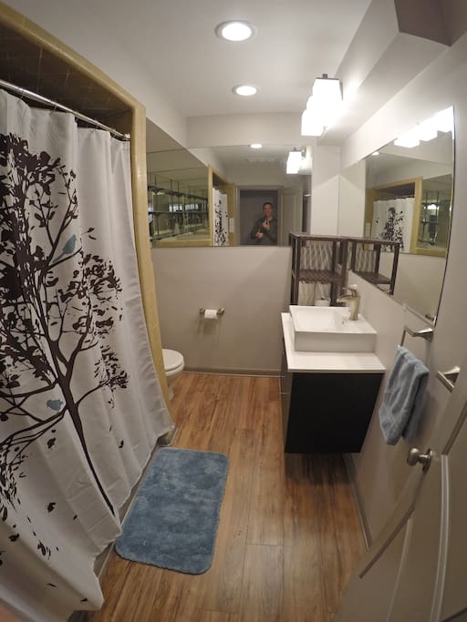 Fresh bathroom renovation. Shelf space provided for your stuff.