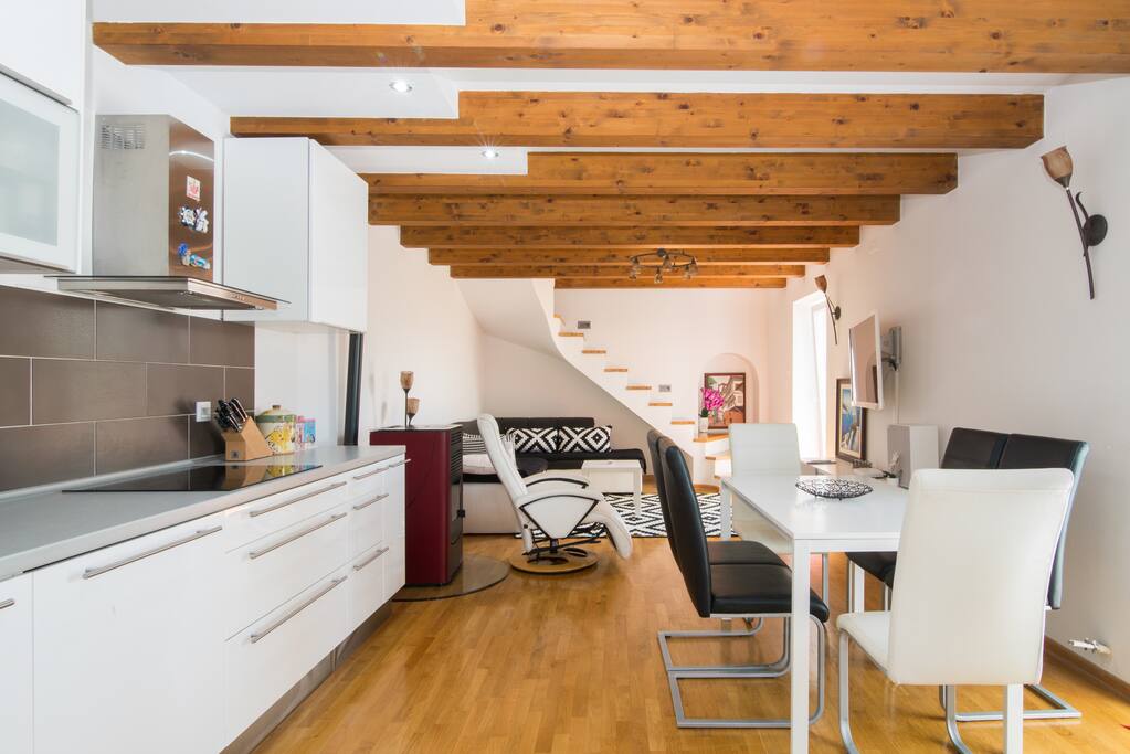 Kitchen, dining and living room all in one.