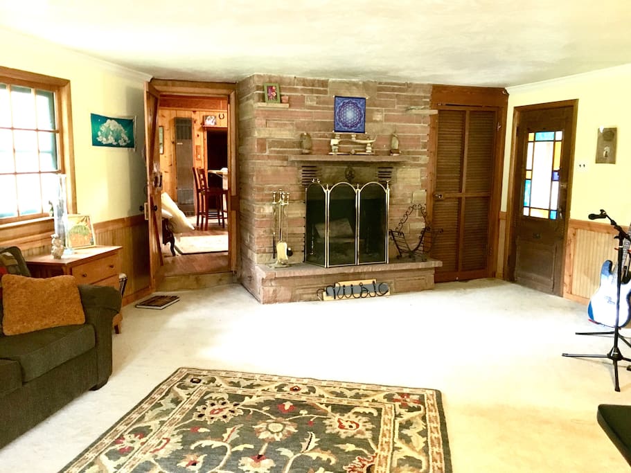 Private entrance and fireplace.