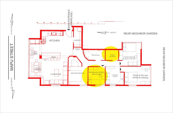 De kamer en het toilet zijn in het geel gemarkeerd. Dit is ons huis en je kamer in de gele cirkel.
