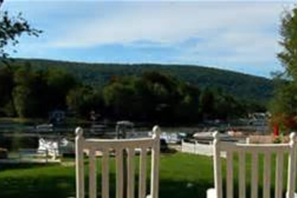 Off our rockers on Greenwood Lake! The view from one of our many decks.