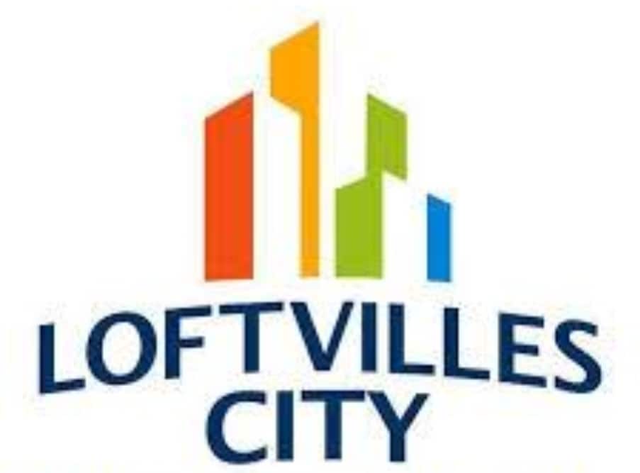 A logo featuring the name 'Loftvilles City' is displayed, accompanied by stylized building silhouettes in vibrant colors of orange, yellow, green, and blue. The design presents a modern urban aesthetic, with the text presented in bold, clear lettering.