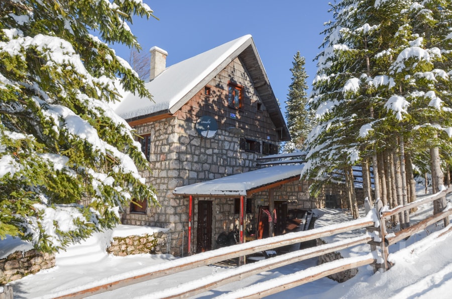 A charming stone building is surrounded by tall evergreen trees, dusted with snow. The sloped roof is capped with a light layer of snow, while a welcoming porch extends out front. Bright blue skies can be seen above, enhancing the serene winter landscape.