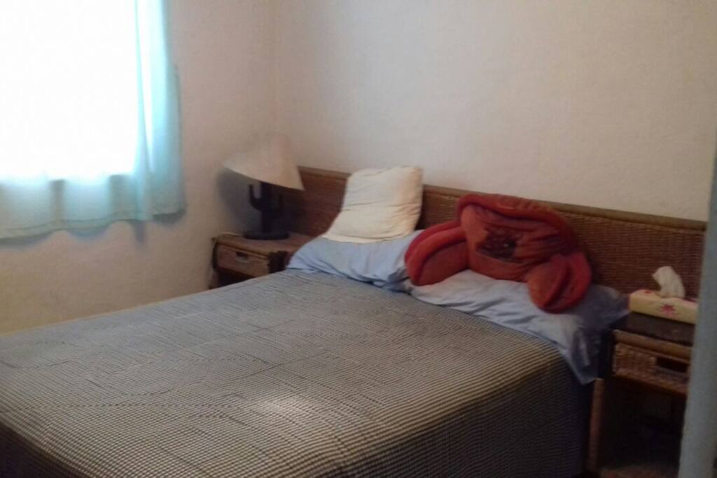 Habitación con aire acondicionado y una cama matrimonial.