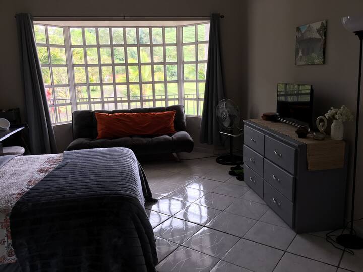 Master bedroom with large window. Enjoy the beautiful views while you lounge in the brand new, super comfortable bed. 