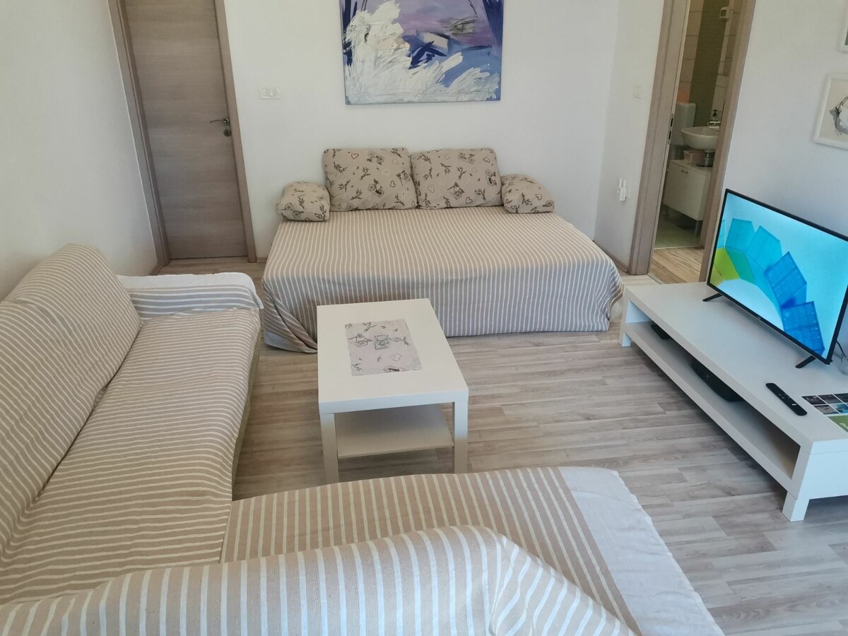 A living room featuring two fabric sofas with striped patterns, one of which is a sectional that can accommodate two people. A white coffee table is positioned in the center, and a flat-screen television is placed on a low media unit against the wall. A piece of artwork hangs above the furniture.