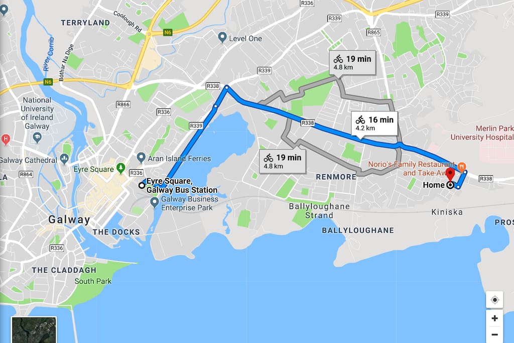 Directions from Eyre Square
(Train/Bus Station, 2 min.to Coach Station), to our OM Sweet Home :).
Bus Services & Stops (8-12 min.):
402 (>Merlin Park - Tara Merlin Park),
404 (>Oranmore - Galway Crystal),
409 (>Parkmore Ind. - Galway Crystal).