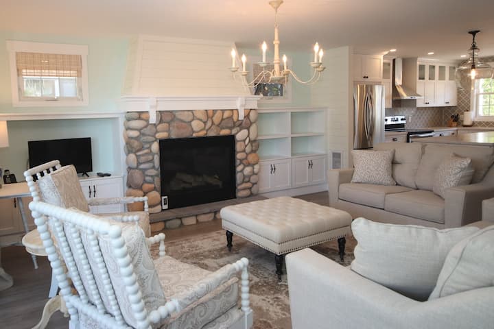 Propane fireplace with stone surround