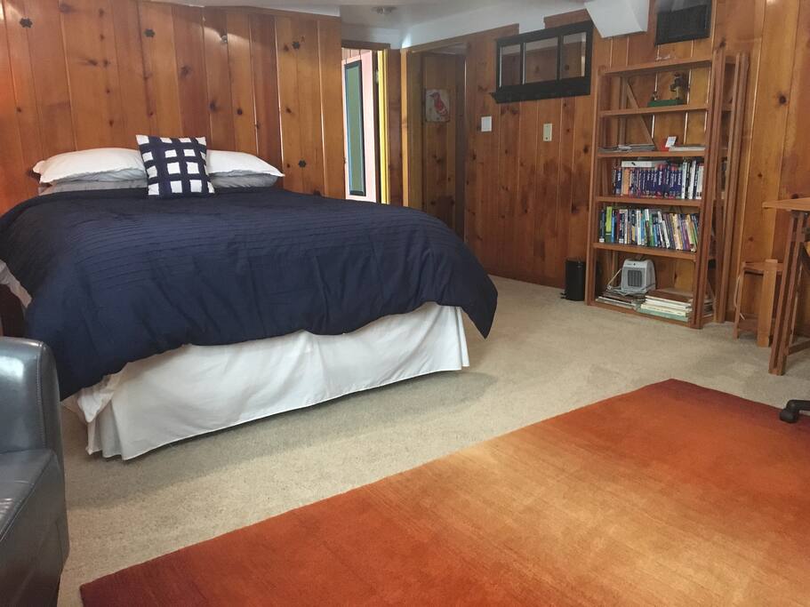 Comfy queen pillow top bed.