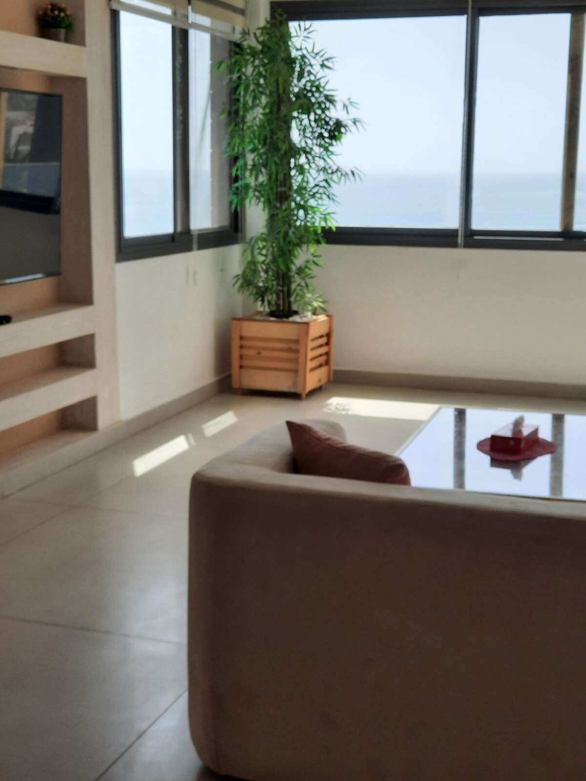 The living area features a seating arrangement with a light-colored couch facing a television. A glass coffee table sits on the tiled floor, complemented by a wooden planter containing a green plant. Large windows allow natural light and provide a view of the sea.