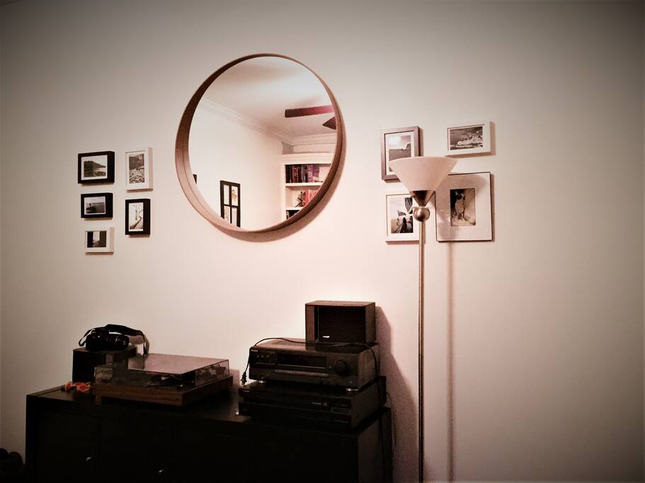 Living room -- record player, sound system, etc.