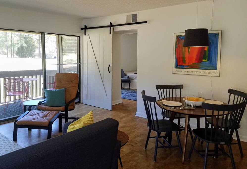 Cork floors throughout and fun features like sliding barn door
