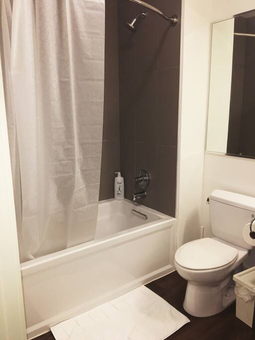 Luxury bathroom with towels, hair dryer, shampoo, etc.
