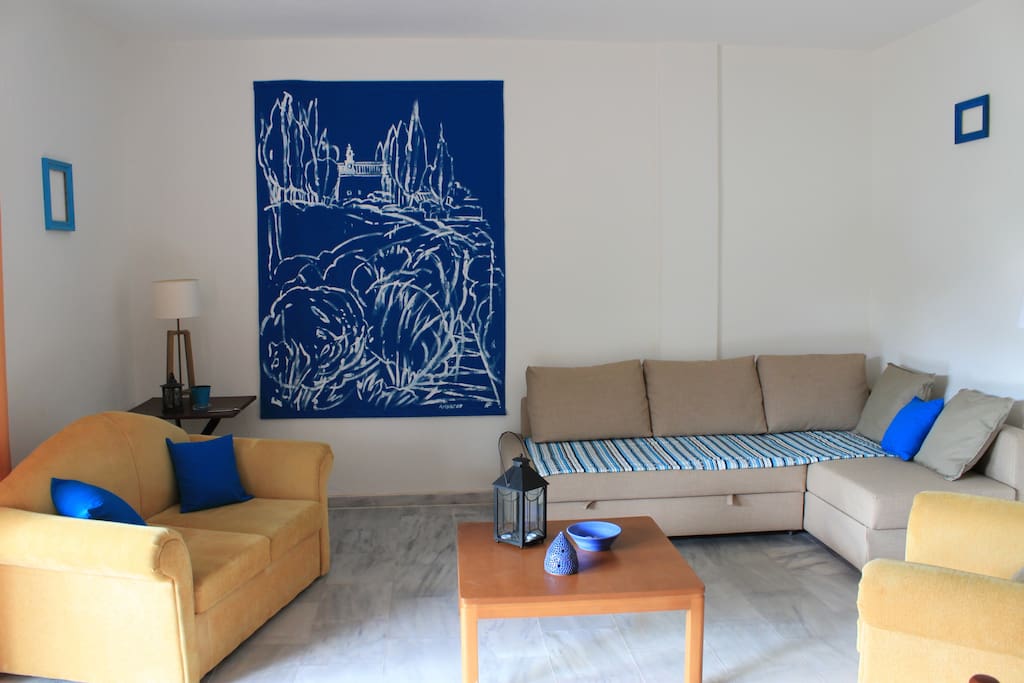 living room with a double bed sofa