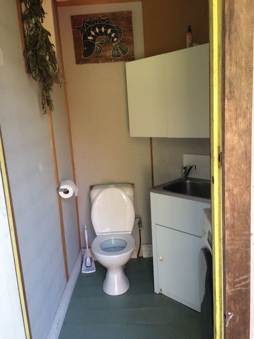 Toilet, sink, washing machine and power point.