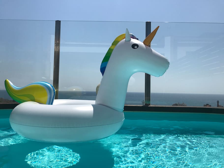 floatie in the roof top pool with amazing 180 sea view