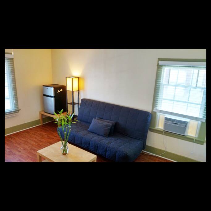 Futon couch folds out into a full-sized bed. Mini fridge/freezer included in room.