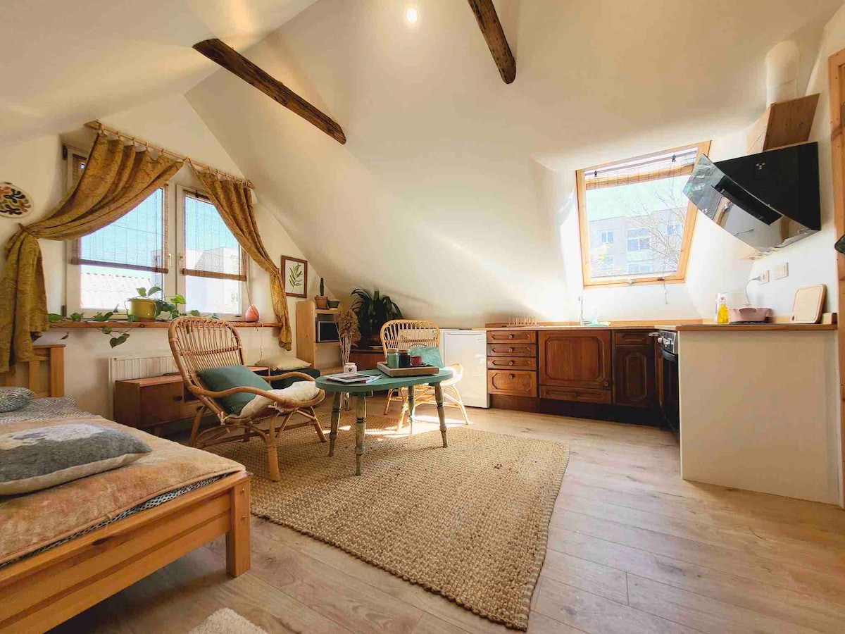 A bright attic space features angled ceilings and natural wood beams, bringing warmth to the room. Comfortable seating is arranged around a small table, with light streaming through large windows. A cozy rug covers the wooden floor, and wooden cabinetry is visible in the kitchen area.