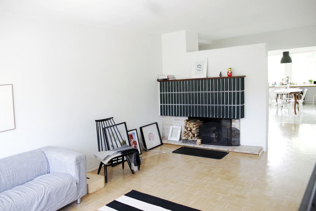Indoor fireplace in the living room. At the moment it works just as a deco piece, and guests are not allowed to use it.