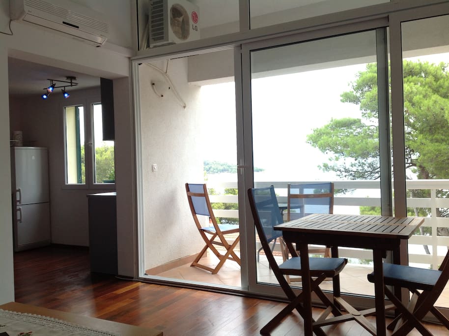 Looking out to the balcony