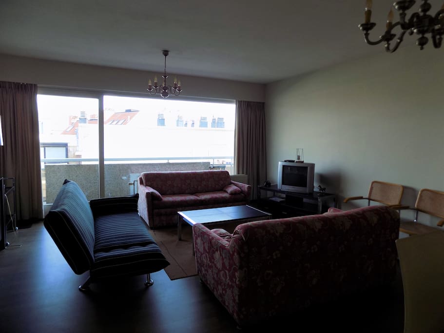 leefruimte voorzien van 2 zetels (met opklapbed), tv, voldoende stoelen, radio, zonnig terras,..