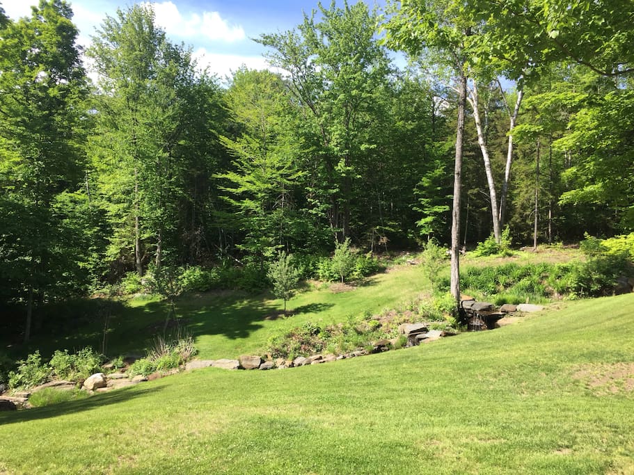 beautiful private back yard with brook