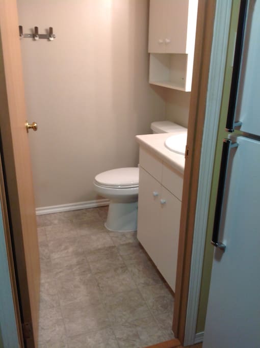 Bathroom with shower, sink, toilet and linen closet.