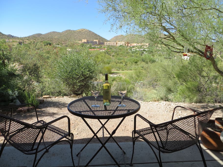 Enjoy a glass of wine or morning coffee with nature. View Tucson Mountains, Roadrunner Golf Course, JW Marriott Five Star Hotel
