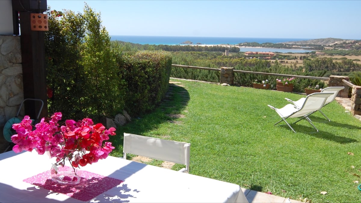 A well-maintained garden features a spacious green lawn bordered by shrubs and flowers. A table with a vibrant floral centerpiece is complemented by two sun loungers facing a panoramic view of the coastline and the sea in the distance.