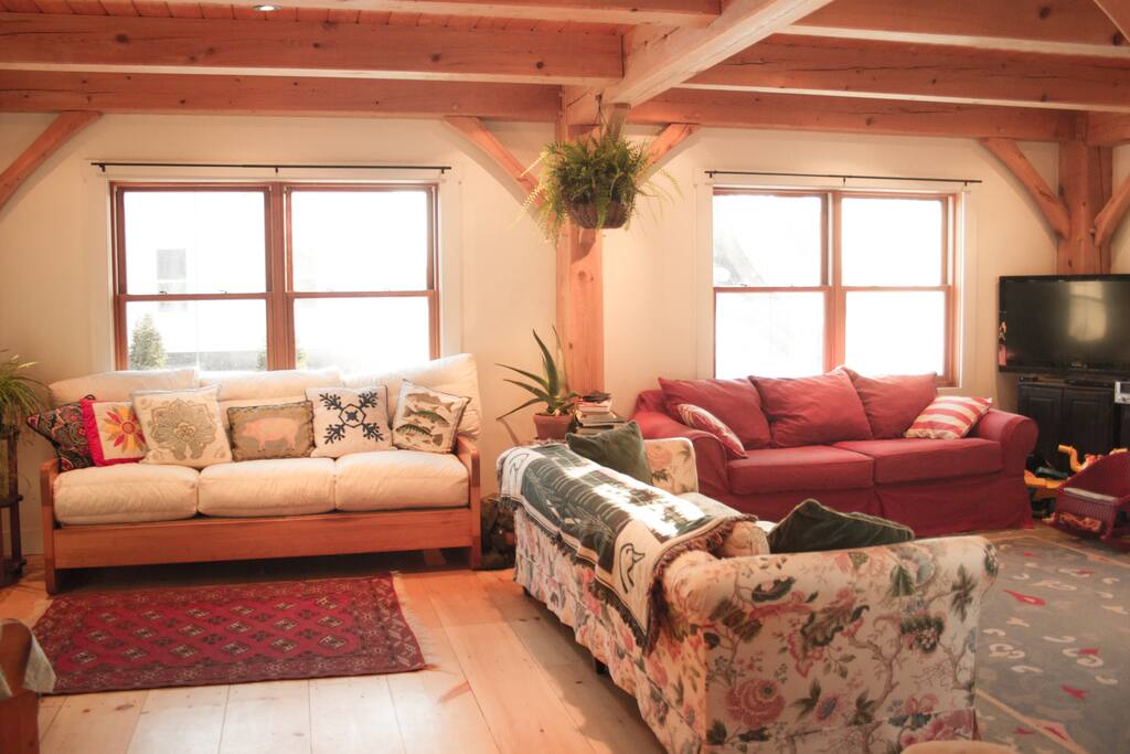 Living room has numerous couches, TV, fireplace and access to screen porch and back deck.