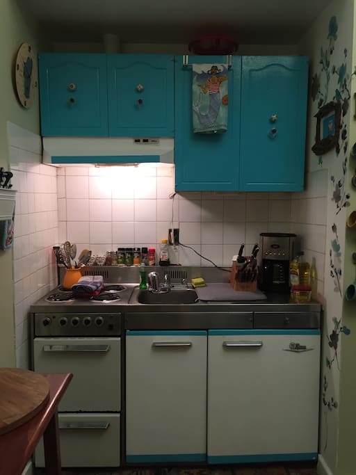 New custom paint job. 4 burners, oven, coffee maker