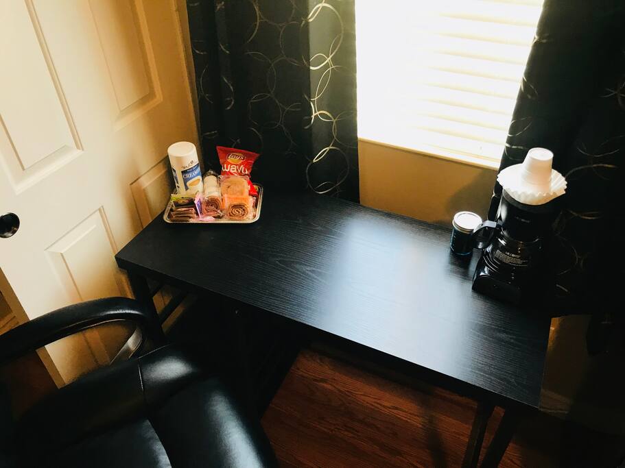 Snacks and coffee are provided on your work desk.