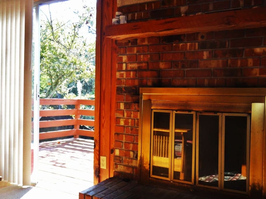 Fireplace view out to balcony