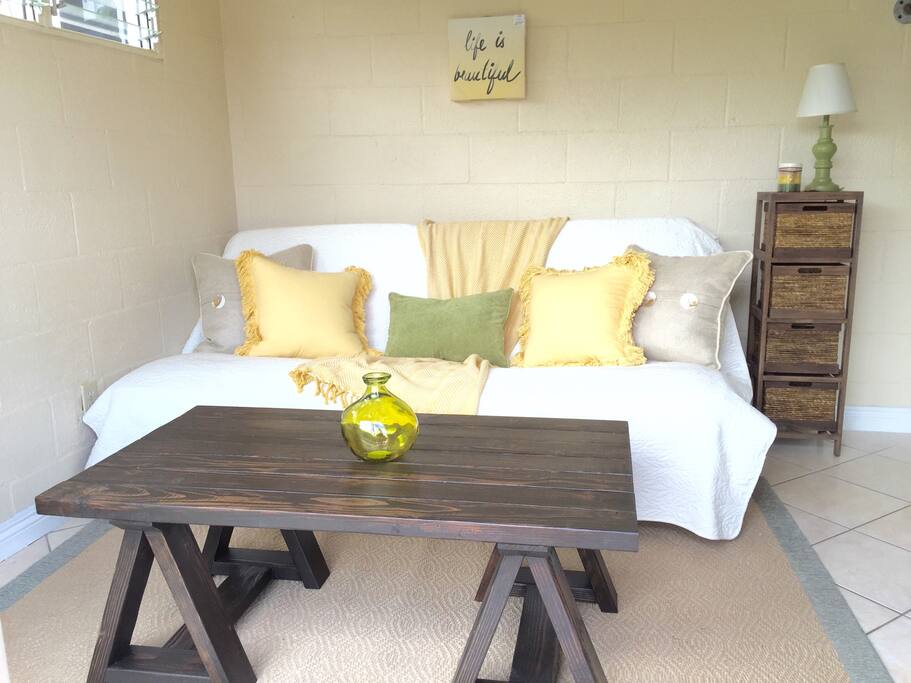 Futon couch that turns into a full size bed.