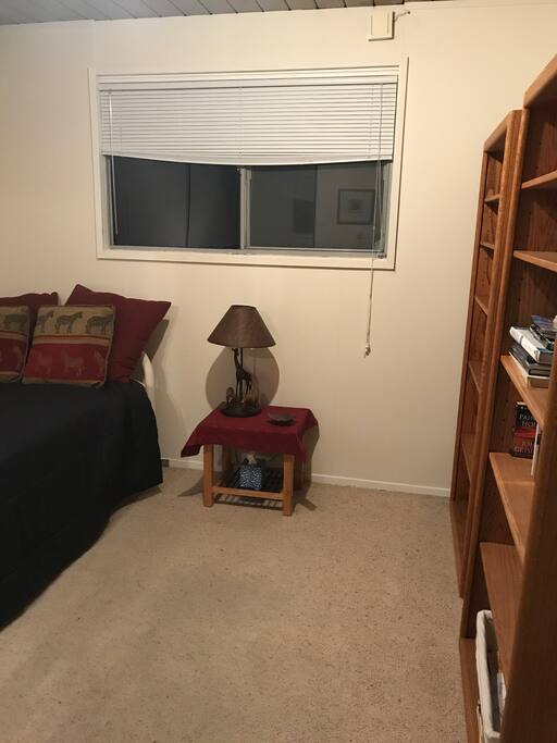 The shelves are empty and used to store your belongings. The window looks out into the front garden.