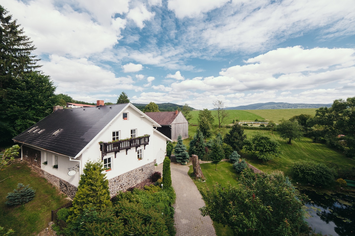 The house is set in a scenic landscape, surrounded by lush greenery and trees. A winding path leads to the entrance, while rolling hills and a cloudy sky form the backdrop. Various shrubs and plants enhance the exterior, contributing to a serene atmosphere.