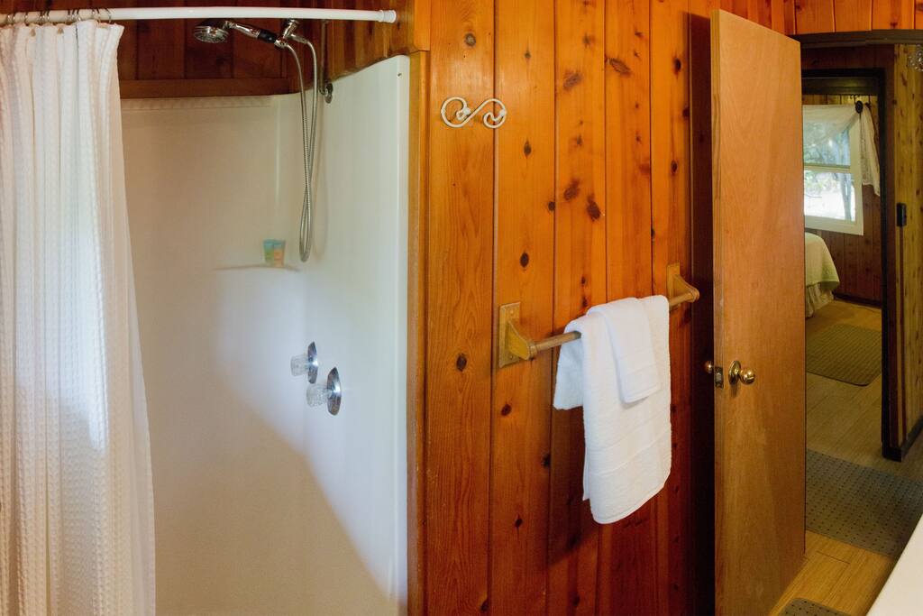 Hall bathroom with stall
Shower.