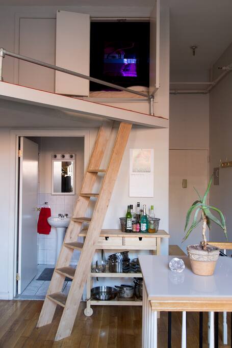 A futon in the loft space is suitable for two adults.