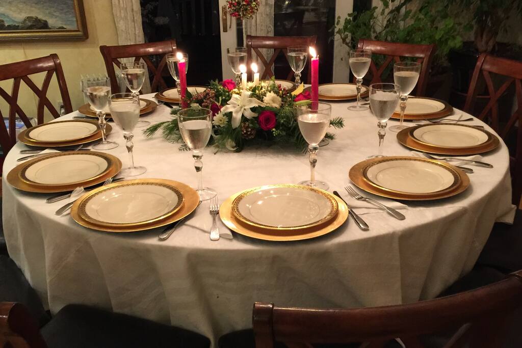 Seating for 11 at the huge dining table. Plus there is another table for 6 more. Guests.