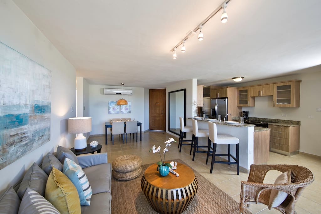 Kitchen, living and dining room at upper level