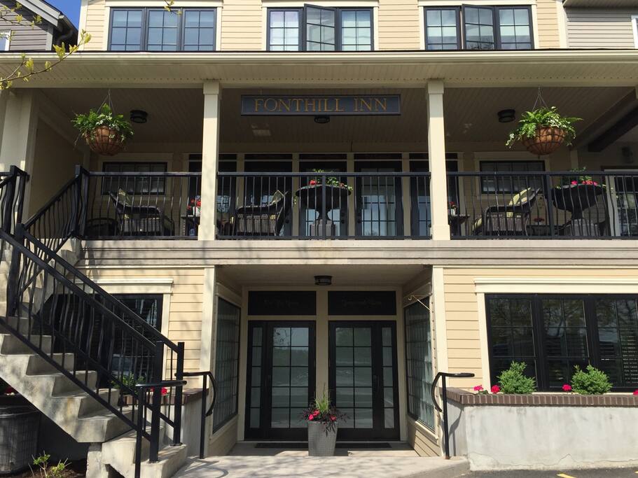 The Pelham Town Square side of the Inn where parking is located. The Old Orchard Suite can be accessed from either Pelham Street or Pelham Town Square.