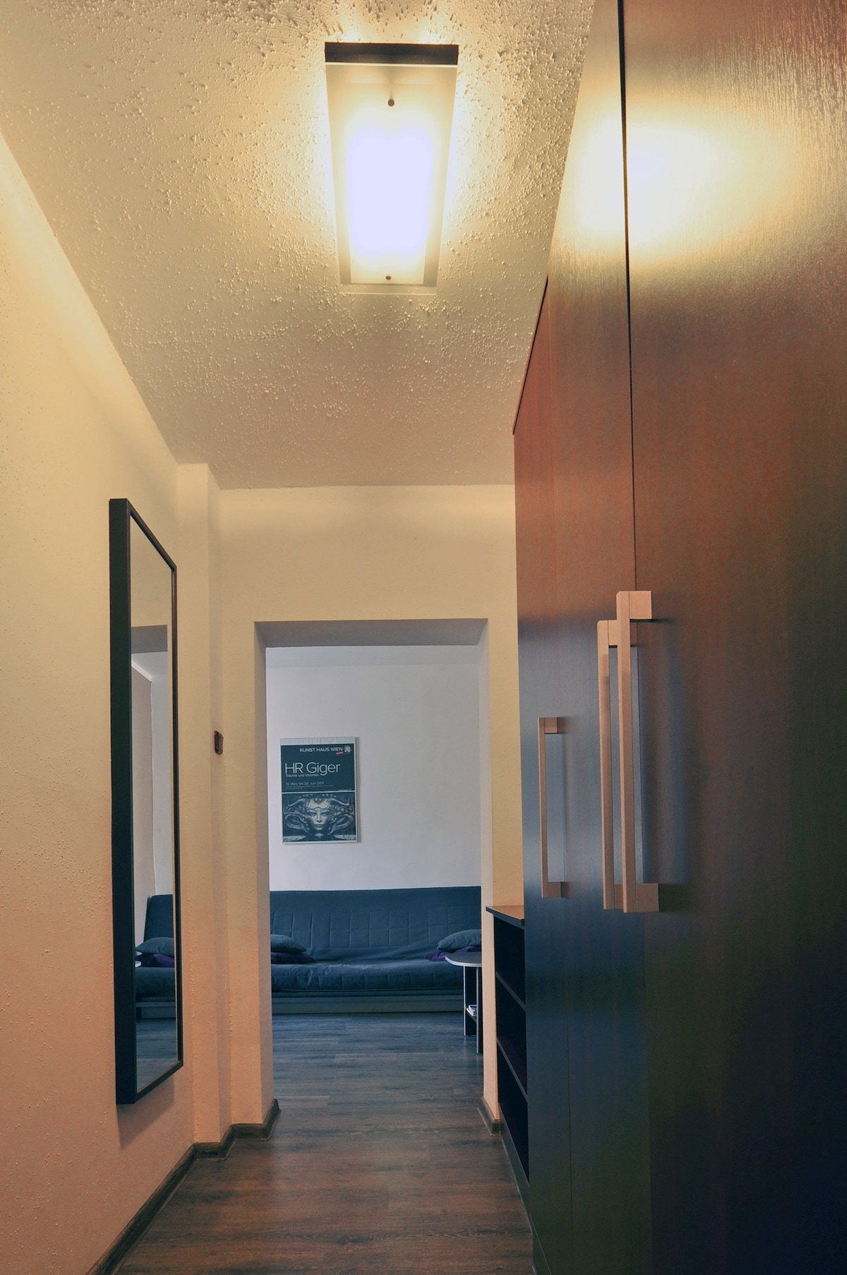 A narrow hallway features a large mirror mounted on the wall, reflecting warm light from a ceiling fixture. Dark wood cabinetry lines one side, while a lounge area can be glimpsed in the background, providing a sense of depth and functionality within the apartment.
