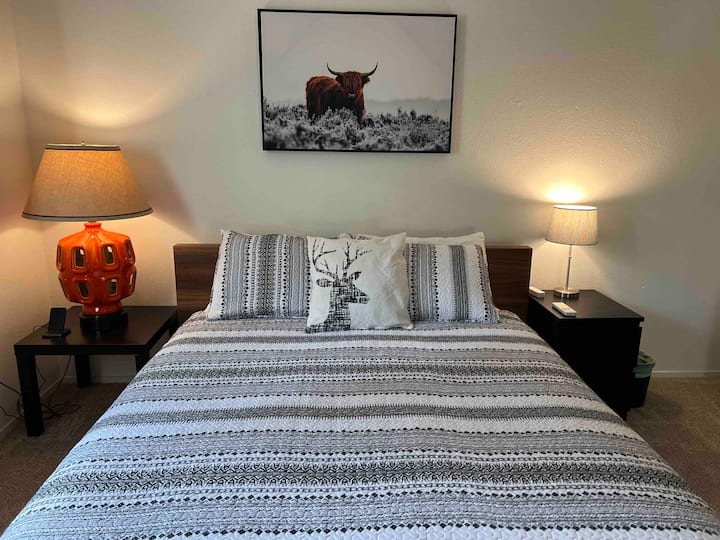 Bedroom 2 with new bed spread and art work. Vintage lamp and comfy pillows. Electric candles to set the mood and Sonos speaker for your favorite music. Queen bed with phone charger, both bedrooms have mini-split heating and A/C for maximum comfort.