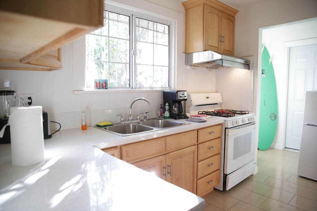 Full Kitchen with coffee maker (coffee in stock/teas), Pot and pans, dishes and paper towels all ready for you. Everything in stock.