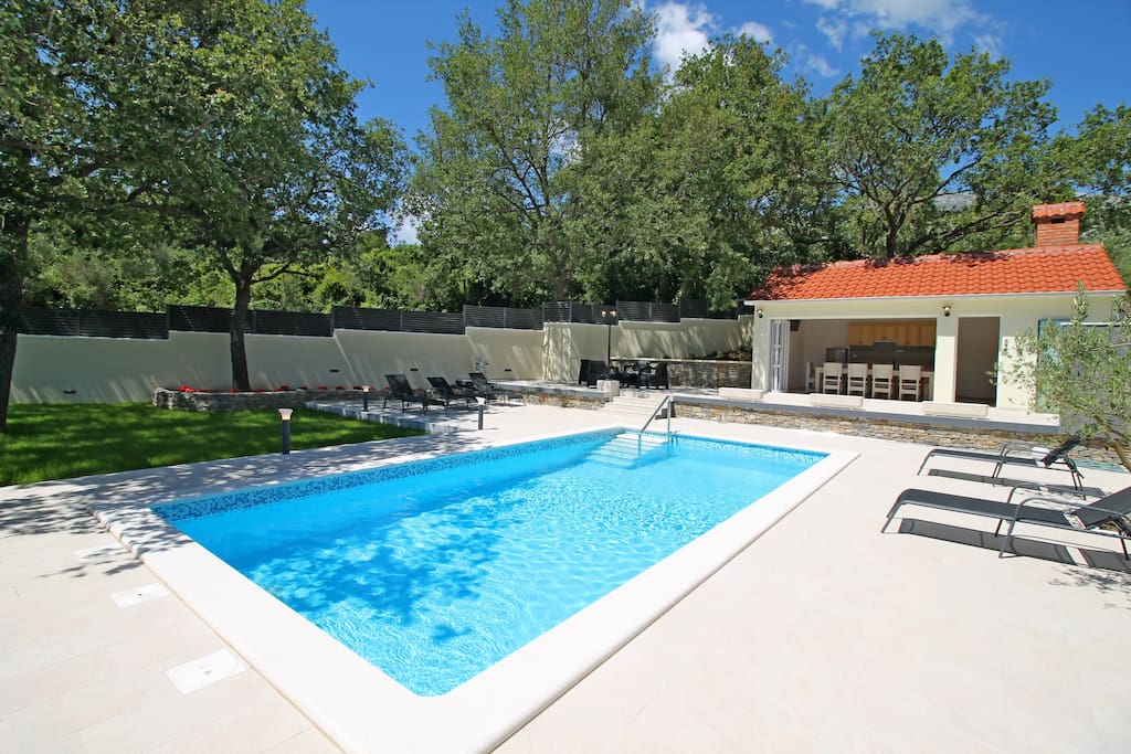 Your private outside area with pool, sundeck and summer kitchen (barbecue, dining area, toilet)