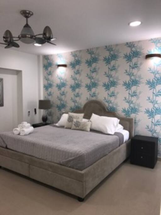 TURQUESA, Comfortable habitación con cama king size, baño privado, tv, aire acondicionado, abanico, nevera bar, vestier.